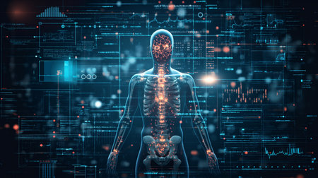 A translucent human figure with highlighted digital bones and neural network face.の素材