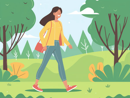 A smiling woman with a casual outfit strolls through a vibrant, stylized park setting.の素材