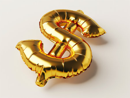 A shiny golden balloon resembling the dollar currency symbol on a clean background symbolizes wealth and finance.の素材
