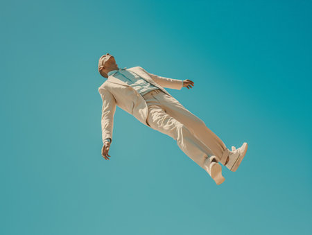 A person dressed in a stylish suit appears to be floating effortlessly against a clear blue sky, conveying a sense of freedom and surrealism.の素材