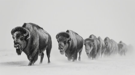 A line of bison marches through a snowy landscape, showcasing the strength and resilience of wildlife in harsh conditions.の素材