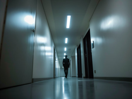 Silhouette of a person walking away in a modern, dimly lit hallway, evoking a sense of mystery and solitude.の素材