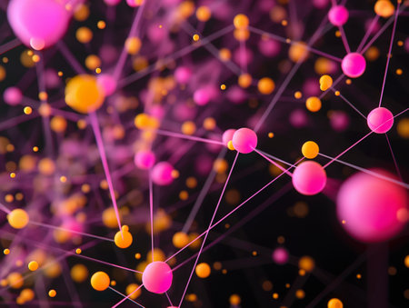Vibrant pink and orange spheres linked by purple lines on a dark background, symbolizing network connectivity.の素材