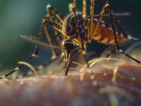 Close-up of a mosquito extracting blood from human skin, showcasing the insects anatomy and feeding behavior.の素材