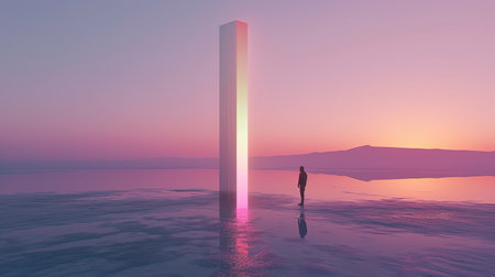 A person stands beside a tall luminous monolith on the reflective salt flats at dusk.の素材