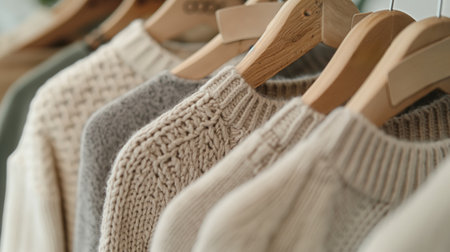 Close-up of assorted cozy knitted sweaters on wooden hangers, symbolizing seasonal fashion and comfort.の素材