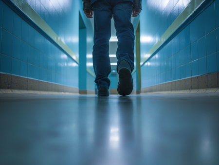 Low angle view of a person walking through a tiled hallway with blue tones.の素材