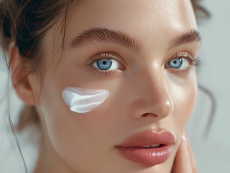 Close-up of young womans face with cream on cheek.の素材