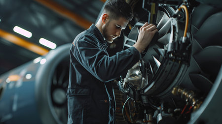 Expert mechanic focused on servicing a large turbine engine, displaying skill and precision.の素材