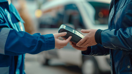 Close-up of a contactless payment transaction between two people.の素材