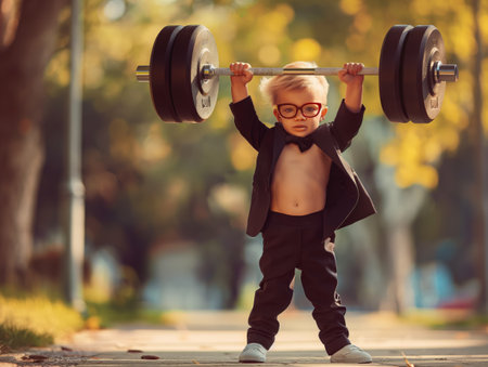 A toddler in formal attire lifts a barbell outdoors, symbolizing early ambition and overcoming challenges.の素材