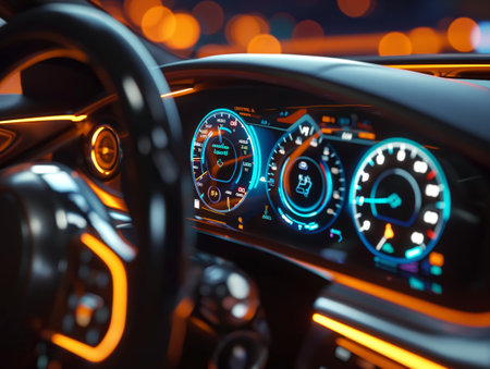 Close-up of illuminated car dashboard gauges with vibrant colors against a bokeh light background.の素材