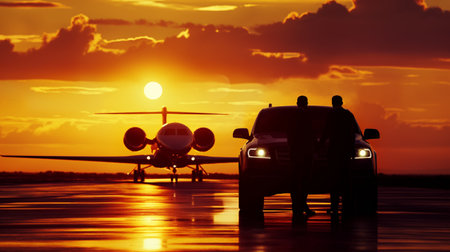 Silhouettes of business people and a luxury car against a private jet with a sunset backdrop.の素材