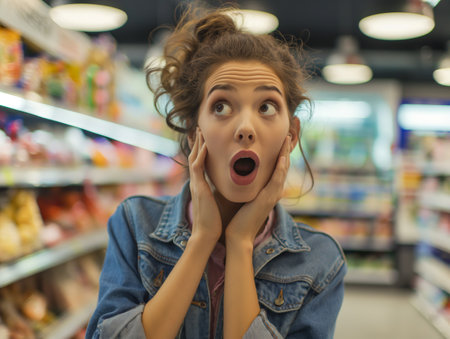 Young woman expressing shock with hands on face against blurred supermarket shelves.の素材