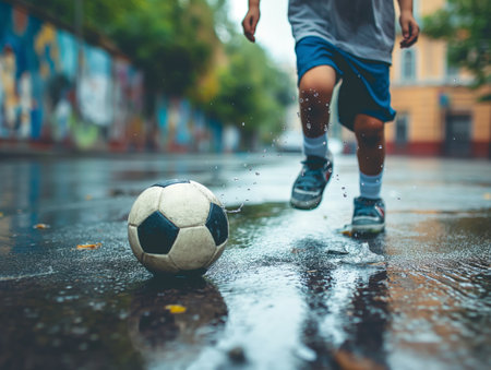 Close-up of a soccer ball on a puddle-covered street with a childs feet in motion, urban backdrop.の素材