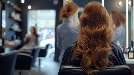 Back view of a woman with styled hair sitting in a beauty salon, reflecting on the experience.の素材