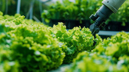 Close-up of lettuce being watered by an automated irrigation system in a hydroponic greenhouse.の素材