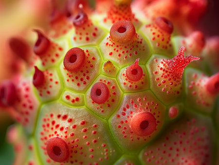 Close-up shot capturing the intricate textures and vibrant colors of an unusual plant, showcasing natures patterns.の素材