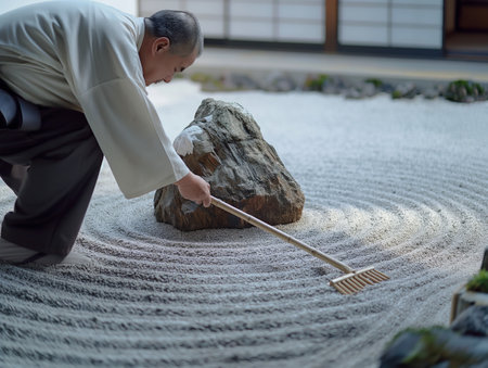 A monk meticulously rakes sand around a large rock in a tranquil Zen garden, embodying mindfulness and tradition.の素材