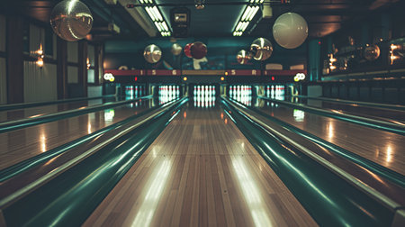 Retro-styled bowling lanes with a warm ambiance and disco balls reflecting soft light.の素材
