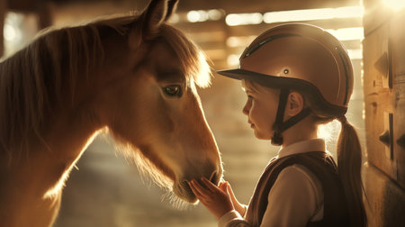 A young girl in a riding helmet gently touches a horses nose, conveying a bond between human and animal.の素材