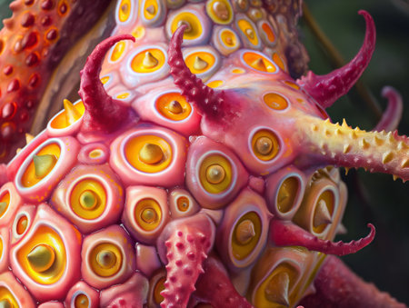 Vivid close-up of a starfish surface showing rich textures and patterns.の素材