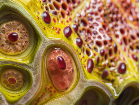 Macro shot capturing a vibrant, organic composition with rich textures and colors.の素材