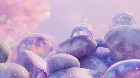Serene pastel landscape with sparkling bubbles resting on textured stones, invoking calm and imagination.の素材