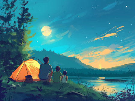 A family sits beside a tent, enjoying a serene twilight sky with stars and moon.の素材