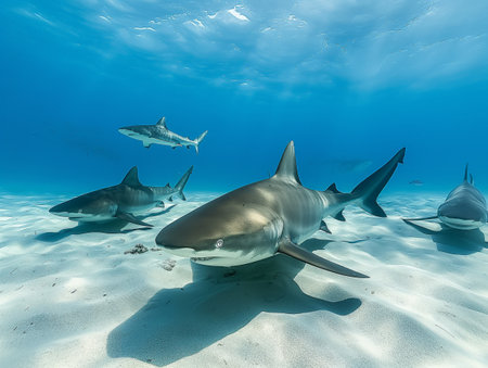 A tranquil underwater scenery featuring a group of reef sharks gracefully swimming over sandy seabed with clear blue water and sunlight above.の素材