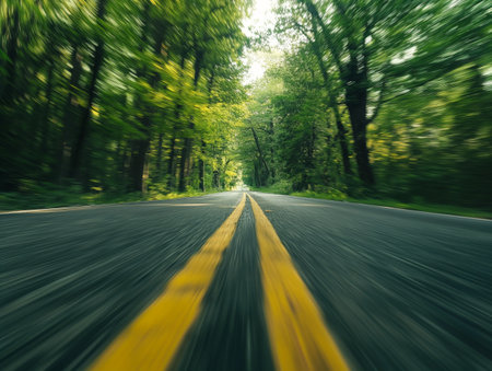 Motion blur captures the sensation of speed along a forest-lined road, marked by a vibrant yellow line.の素材