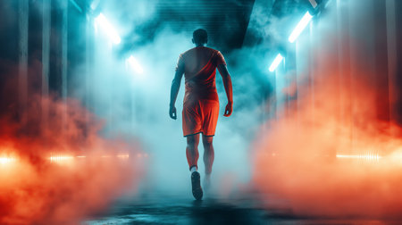 A sportsman stands amid dramatic lighting and smoke, exuding focus and determination.の素材