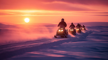 A group of snowmobilers traverse a snowy landscape bathed in the warm glow of a setting sun.の素材