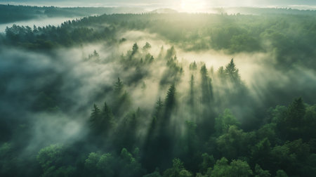 Sun rays piercing through mist over a lush forest landscape, creating a serene and mystical atmosphere.の素材