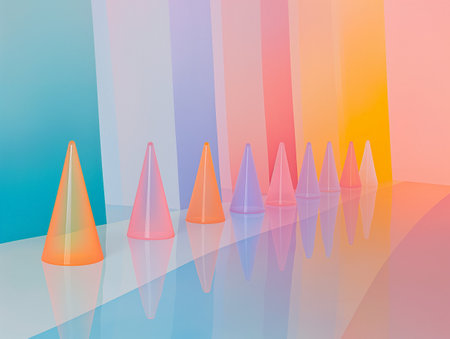 A series of translucent cones on a reflective surface with a vibrant color gradient backdrop, symbolizing diversity and transition.の素材