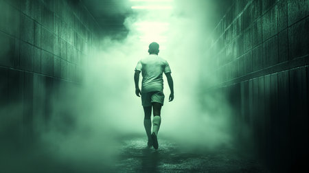 A silhouetted athlete walks into the mist towards a bright exit in a dark tunnel, symbolizing hope, goals, and perseverance.の素材
