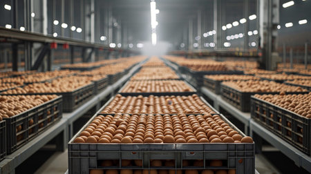 Rows of stacked eggs in a large industrial warehouse, showcasing food logistics and supply chain.の素材