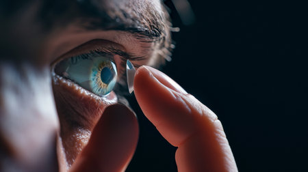 Extreme close-up of a person inserting a contact lens into their eye, highlighting precision and eye care.の素材