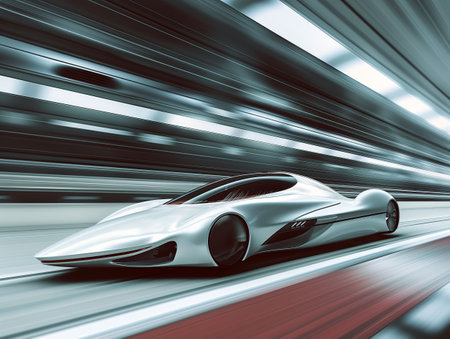 Sleek futuristic concept car in motion, symbolizing innovation and speed.の素材