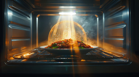 Vegetables heating up on a plate inside a microwave with visible steam.の素材