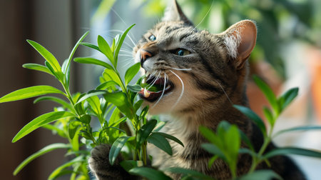A domestic cat engaging with green plant leaves.の素材