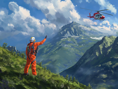 A rescue worker in bright orange signaling a helicopter amid rugged mountains.の素材