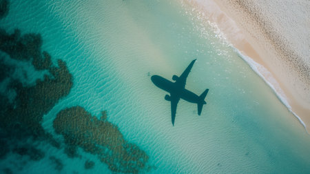 Aerial view of an airplanes silhouette casting a shadow on clear turquoise waters near a sandy beach.の素材