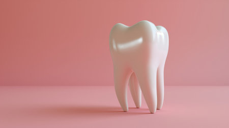 A single white tooth stands against a soft pink background, symbolizing dental health and hygiene.の素材
