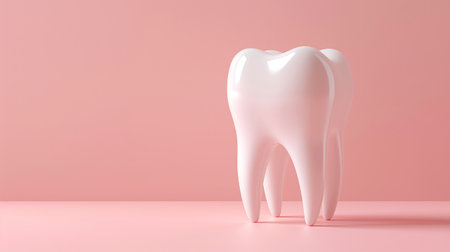 Single shiny white tooth depicted against a soft pink backdrop symbolizing dental health and beauty.の素材