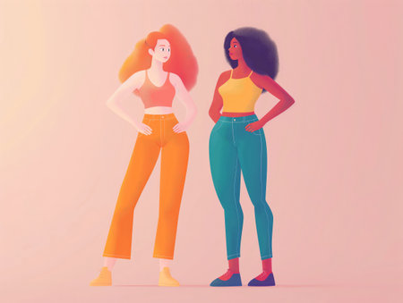 Two vibrant cartoon women stand confidently, celebrating diversity and friendship.の素材