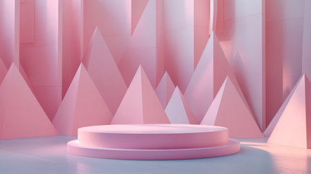 Soft pink geometric shapes forming a modern abstract background with a circular pedestal.の素材