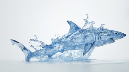 A creative depiction of a shark formed from splashing water against a white background, illustrating fluidity and nature.の素材