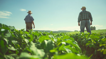 Two farmers stand in a lush green field, assessing the health of their crops under a clear blue sky.の素材