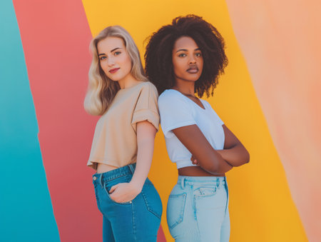 Two young women posing confidently with arms crossed against a vibrant multicolored backdrop.の素材
